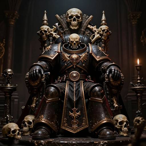 Dark, gothic-style digital artwork of a skeletal king in ornate black armor, surrounded by skulls, on a throne with candles.