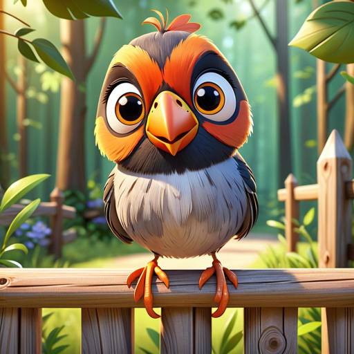 Charming 3D Cartoon Finch on Fence