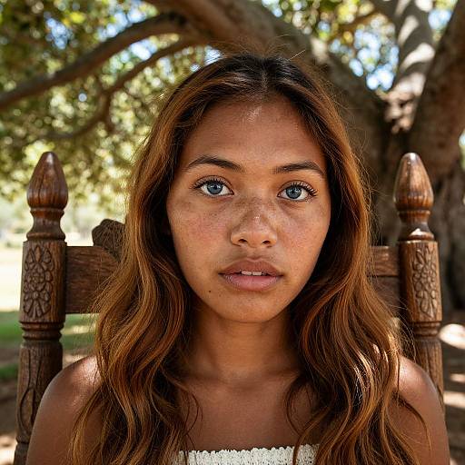 Photograph of a young woman with long brown hair, blue eyes, and freckles, sitting on a wooden chair in a sunlit, tree