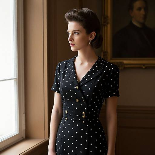 Photograph of a fair-skinned woman with dark, 1950s-style hair, wearing a black polka dot dress with gold buttons, standing