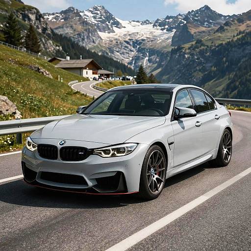 Photograph of a silver BMW M4 coupe driving on a mountain road, surrounded by green hills and snow-capped peaks.