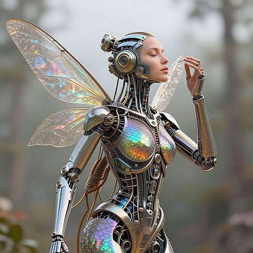Digital art of a futuristic, metallic fairy with iridescent wings and cybernetic features, standing in a blurred forest background.
