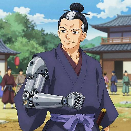 Elderly Samurai with Cybernetic Arm Anime
