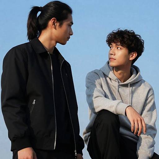 Photograph of two young men standing against a clear blue sky; one in a black jacket, the other in a gray hoodie, both looking at each