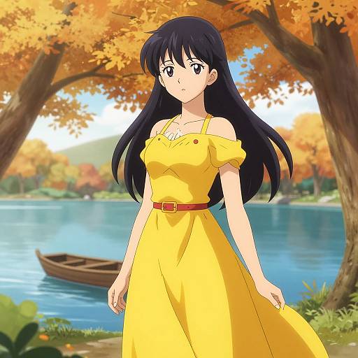 Anime-style drawing of a long-haired girl in a yellow dress standing by a lake with autumn foliage and a wooden boat.