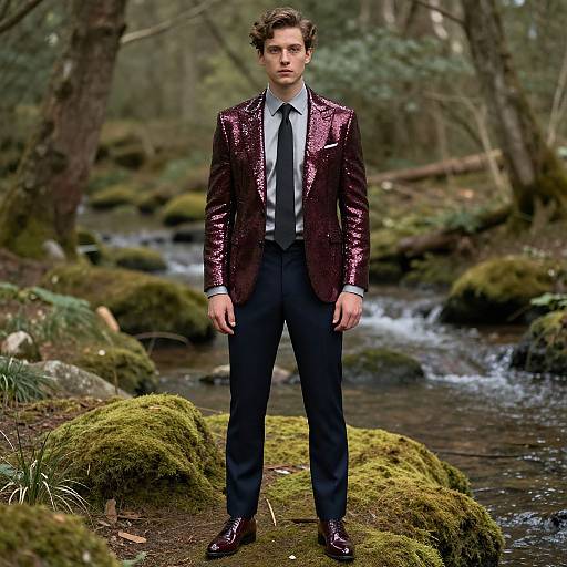 Photograph of a young man with curly brown hair, wearing a sequined purple blazer, black tie, and pants, standing in a mossy