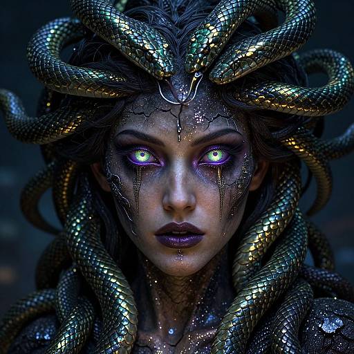 Digital artwork of a woman with glowing purple eyes, dark makeup, and a serpentine headdress, surrounded by metallic, snake-like tendrils.