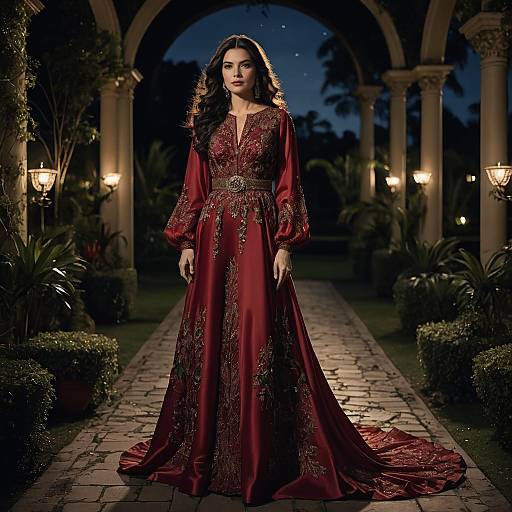 Elegant Woman in Ruby Red Embroidered Gown at Night