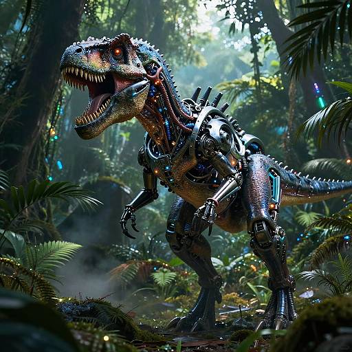 Cyberpunk Terminator Dinosaur in Neon Jungle