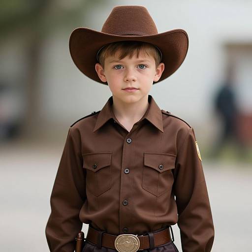 Photograph of a young boy with blue eyes, wearing a brown cowboy hat and uniform, standing outdoors with a blurred background.