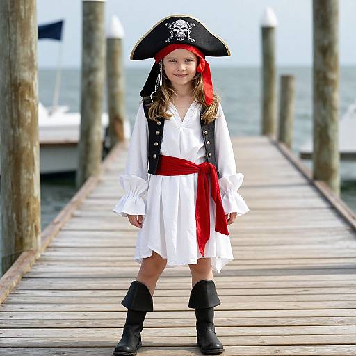 Photograph of a young girl dressed as a pirate on a wooden pier, wearing a black tricorn hat, white shirt, red sash, black