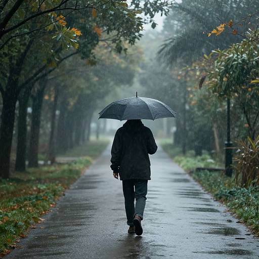 Photograph of a solitary figure in a dark coat and pants walking down a rain-soaked, tree-lined path, holding a black umbrella.