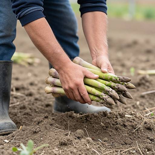 Photograph of a person's hands holding a bunch of green asparagus with brown tips, standing in a dirt garden.