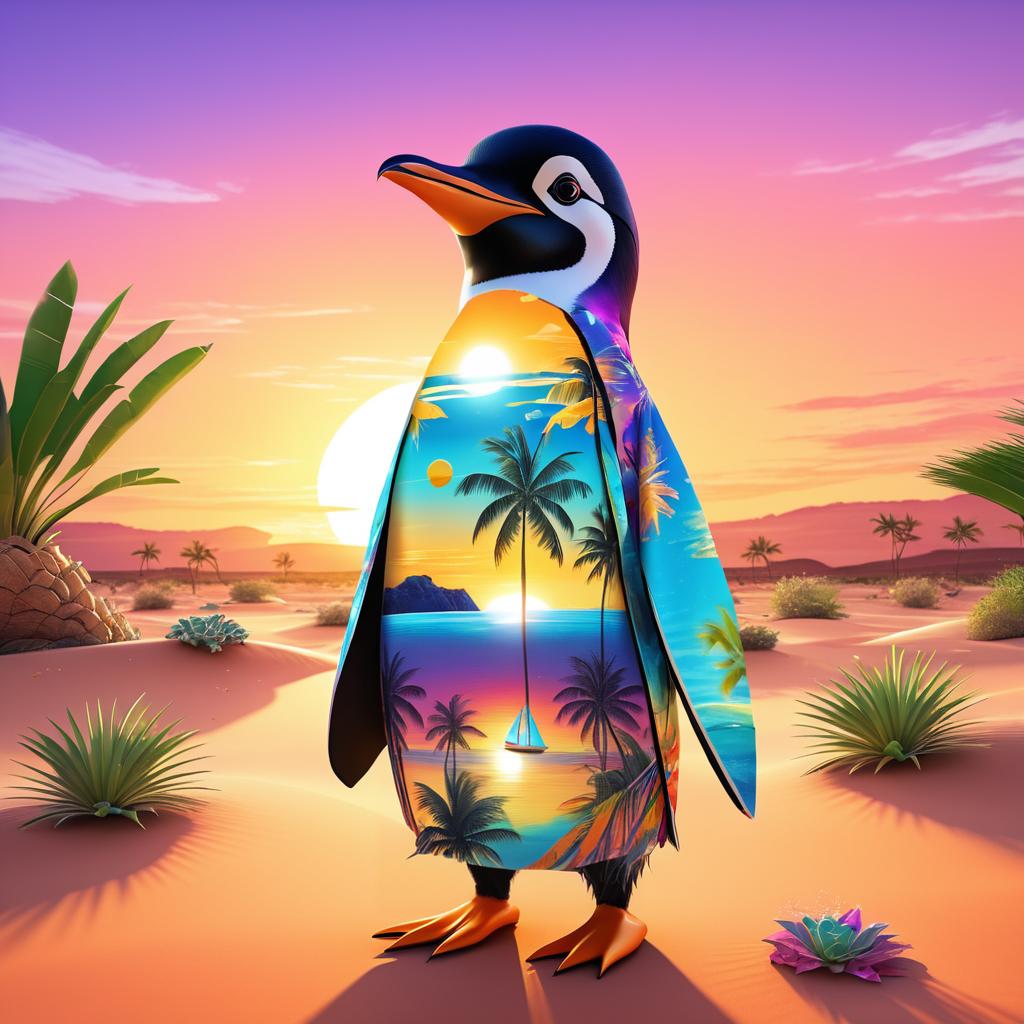 Quirky Penguin in Dreamy Desert Sunset