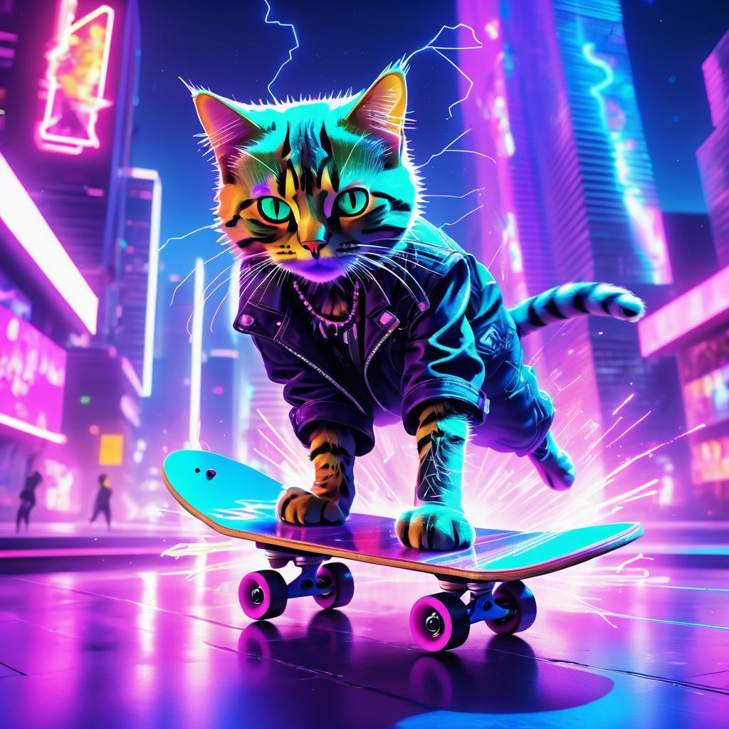 Punk Rock Cat in Neon Futuristic City