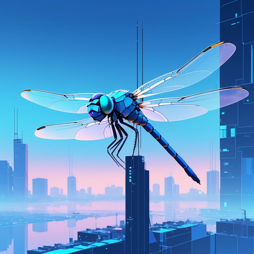 Crystalline Dragonfly in Dystopian Cityscape