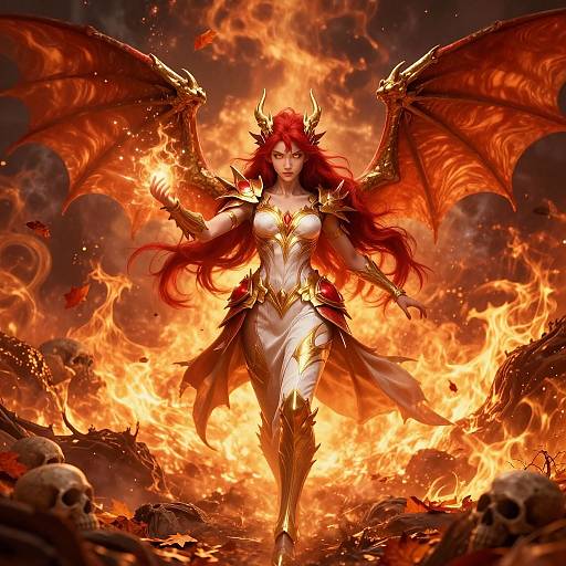 Digital artwork of a fiery red-haired demon queen with large bat wings, golden armor, and a white dress, surrounded by flames and skulls.