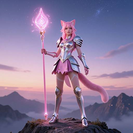 Digital art of a pink-haired, cat-eared warrior woman in silver armor holding a glowing staff, standing on a mountain at sunset.