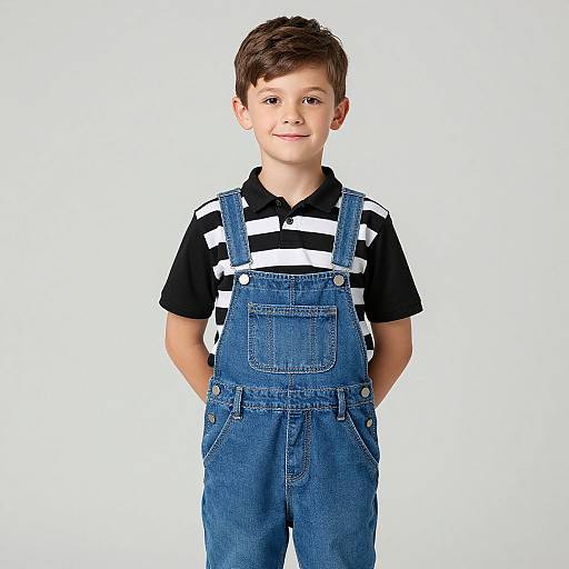 Photograph of a young boy with short brown hair, wearing blue denim overalls over a black and white striped polo shirt, standing against a plain white
