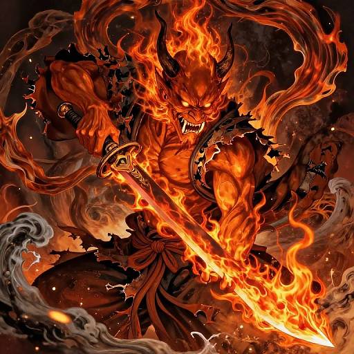 Digital artwork of a demonic, horned warrior engulfed in fiery flames, wielding a blazing sword, surrounded by swirling, smoky darkness.