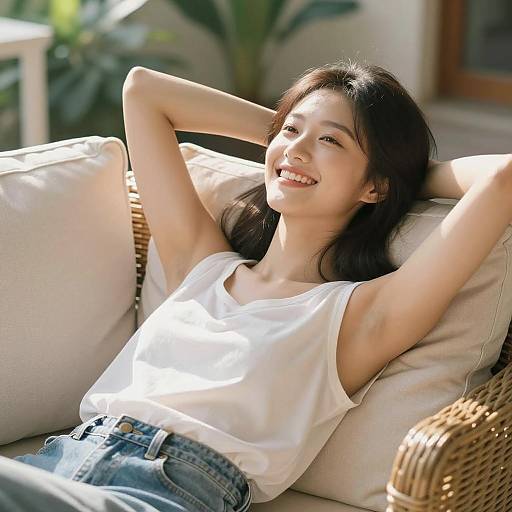 Joyful Woman Relaxing Outdoors on a Sofa