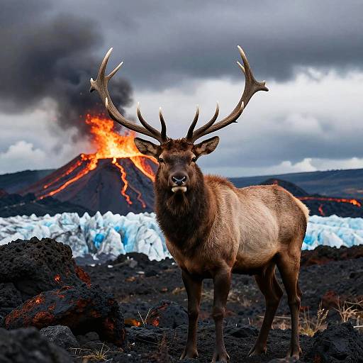 Photograph of a majestic elk with large antlers standing in front of a volcanic eruption, with glowing lava, black rocks, and ice in the background