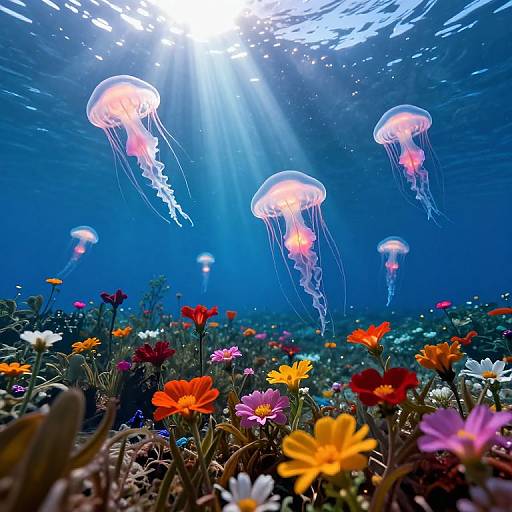 Surreal Underwater Meadow with Jellyfish