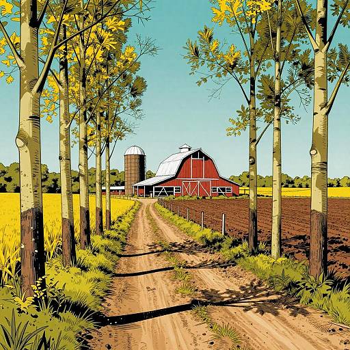Colorful digital illustration of a rural farm with a red barn, two silos, and a dirt path flanked by tall trees and yellow fields.