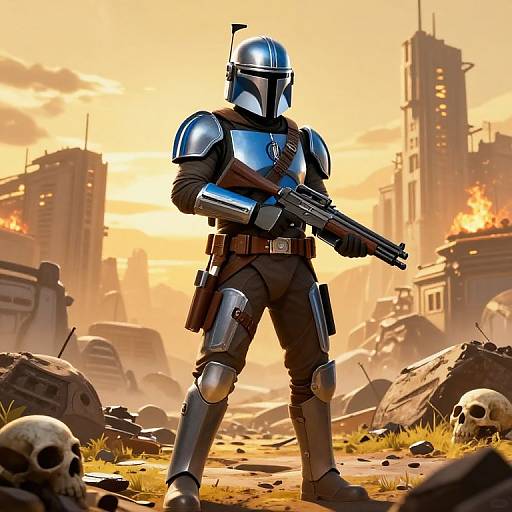 Digital art of a stormtrooper in full armor, holding a gun, standing in a ruined, fire-lit cityscape with skulls and debris.