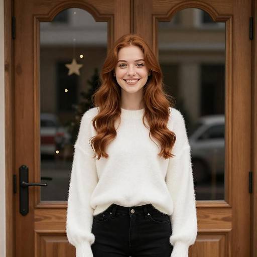 Smiling Auburn Woman by Festive Door