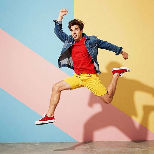 Photograph of a young man jumping joyfully against a colorful geometric wall, wearing a red shirt, yellow shorts, denim jacket, and red sneakers.