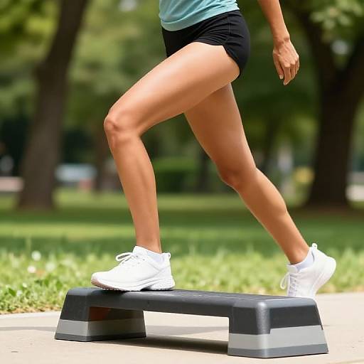 Photograph of a fit person with tan skin, wearing a light blue top, black shorts, and white sneakers, stepping on a black exercise platform in