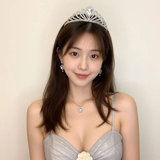 Photograph of an Asian woman with long black hair, wearing a silver tiara, sparkling silver dress, and diamond earrings, smiling gently against a plain