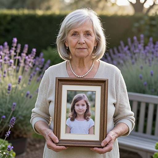 Photograph of an elderly white woman with short gray hair, pearl necklace, and beige sweater, holding a framed picture of a young white girl with brown