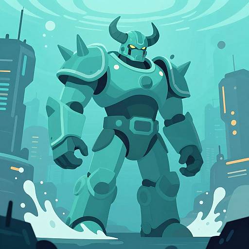 Digital art of a powerful, armored robot with horns, glowing eyes, and spiked shoulders, splashing through a futuristic cityscape.