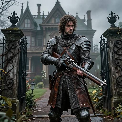 Photorealistic digital artwork of a muscular, curly-haired man in medieval armor holding a rifle, standing in front of a gothic mansion with foggy