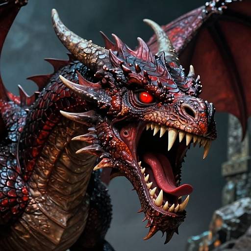 Photorealistic CGI of a ferocious red and black dragon with glowing red eyes, sharp white teeth, and menacing horns, roaring fiercely against a dark