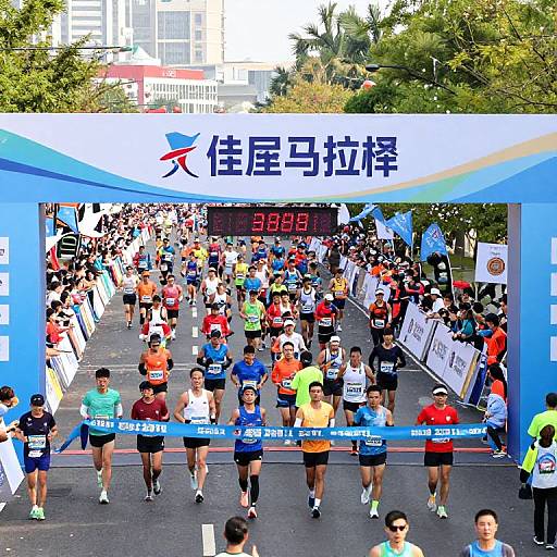 Photograph of a busy marathon race with diverse runners wearing various colorful athletic gear, passing under a blue and white banner displaying 
