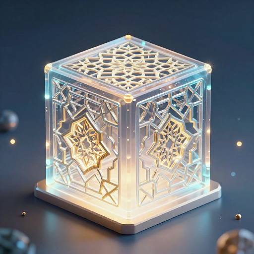 Photograph of a glowing, transparent geometric lantern with intricate star-shaped cutouts, emitting a soft blue and warm white light, set against a dark blue