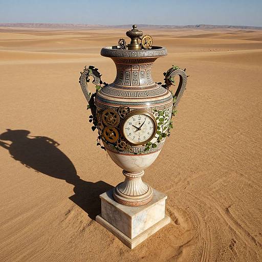 Photograph of an ornate, vintage clock urn with ivy decoration, standing in a vast, sandy desert under a clear blue sky.
