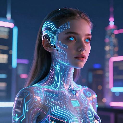 Cybernetic woman with glowing blue circuit patterns on her face and body, set against a neon cityscape at night. CGI art.