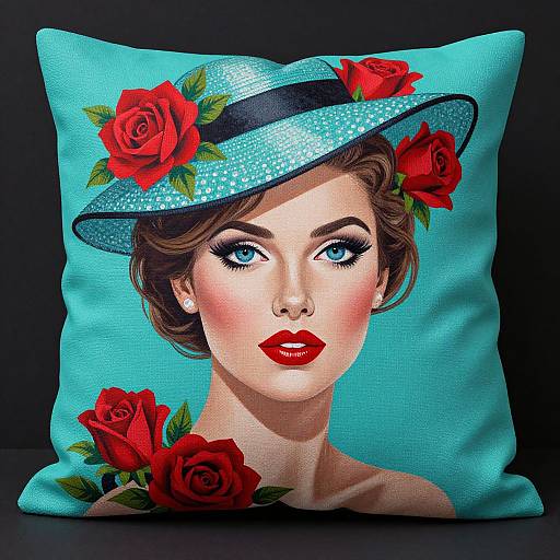 Vintage Glamorous Woman on Turquoise Pillow