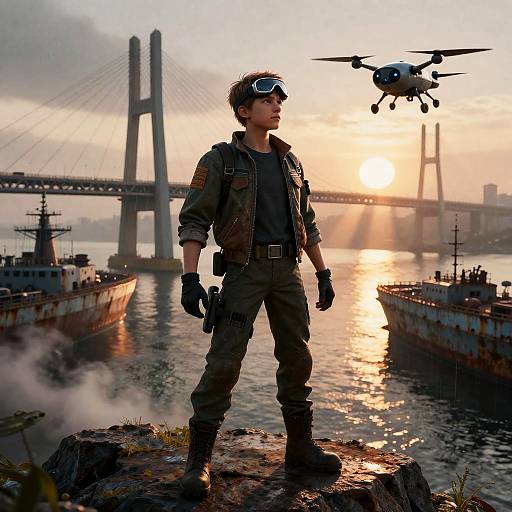 Streetwise Mech-Pilot Teen at Dawn