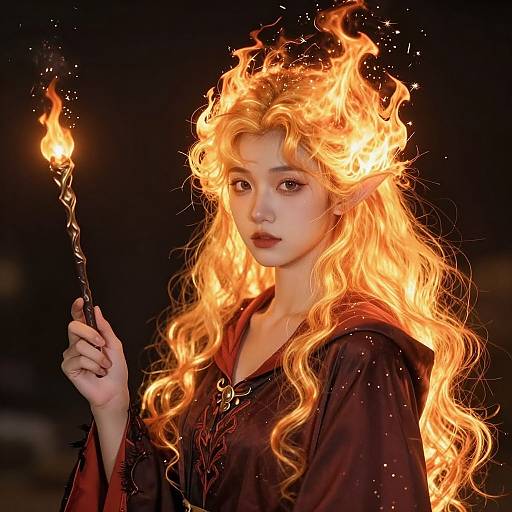 Photograph of a fair-skinned woman with long, fiery orange hair, holding a flaming staff, wearing a black, hooded robe, against a