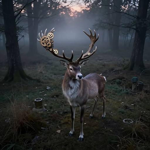 Photograph of a majestic deer with large, intricate antlers adorned with gears and numbers, standing in a misty forest at twilight.