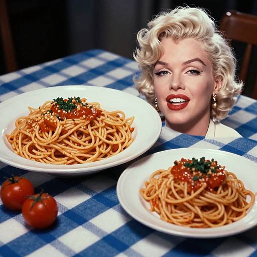 Photograph of Marilyn Monroe's smiling face superimposed over a table with two plates of spaghetti, topped with tomato sauce and parsley, on a blue