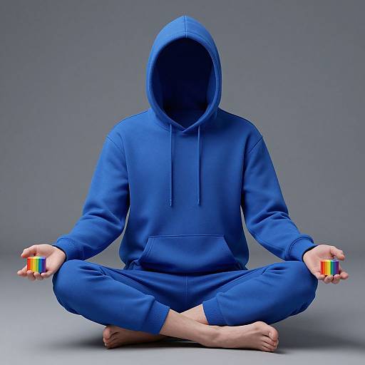 Faceless Blue Man with Rainbow Cube