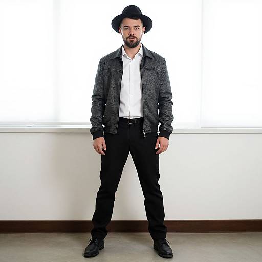 Photograph of a bearded man with a black hat, gray jacket, white shirt, black pants, and black shoes, standing against a bright white