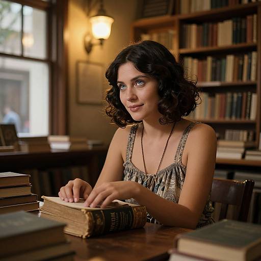 Photograph of a young woman with curly dark hair, wearing a patterned sleeveless top, sitting in a cozy library, surrounded by books, holding