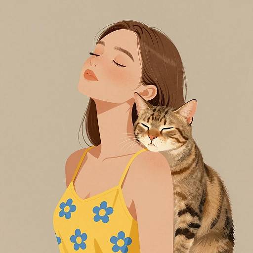 Young Woman and Brown Tabby Cat Illustration